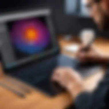Creating Digital Art on Mac Artist illustrating digital art using a Mac with a drawing pad and stylus.