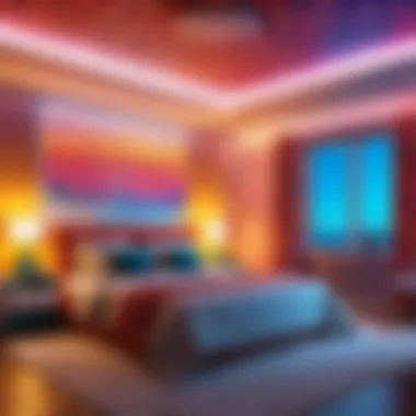 A stylish bedroom featuring a light projector casting colorful patterns onto the walls.