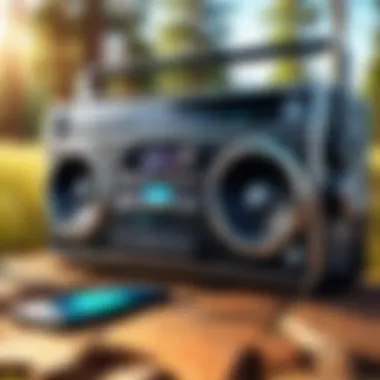 A boombox playing music in a vibrant outdoor setting.