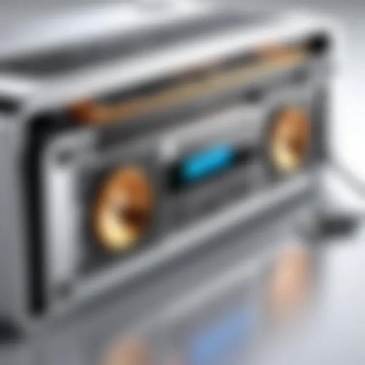 Close-up of USB flash drive being inserted into a boombox.