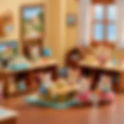 A vibrant and detailed scene of Calico Critters Daycare filled with adorable critters engaging in various activities.