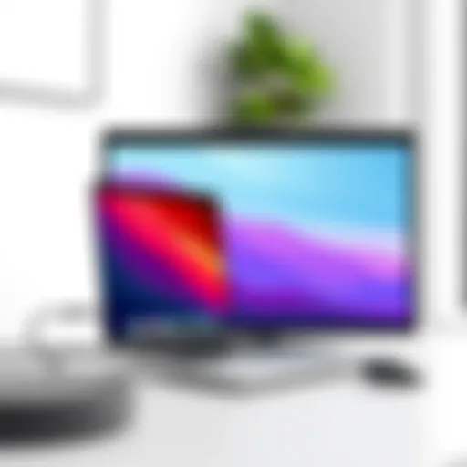 MacBook Pro connected to an external monitor displaying a vibrant desktop