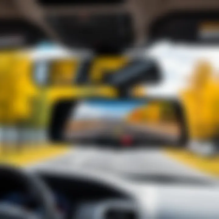 A close-up view of a rear view mirror monitor showcasing advanced features.