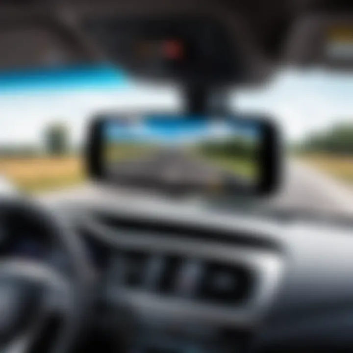 An illustration demonstrating the installation of a rear view mirror monitor.