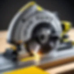 Detailed view of the Ryobi circular saw showcasing its blade and motor