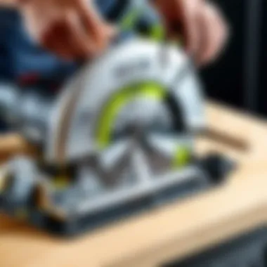 User Interface and Settings of the Ryobi Circular Saw Close-up of user adjusting settings on the Ryobi circular saw