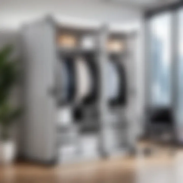 A cube portable wardrobe in an office environment promoting organization.