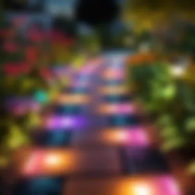 Illuminated Pathway with Solar Lights A vibrant display of color changing solar path lights illuminating a garden pathway