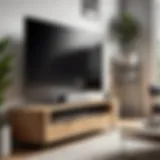 Sleek corner TV stand on wheels in a modern living room setting.