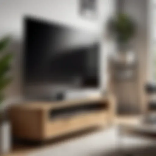 Sleek corner TV stand on wheels in a modern living room setting.