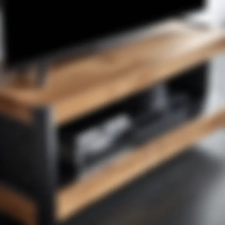 Stylish corner TV stand on wheels made of wood and metal.