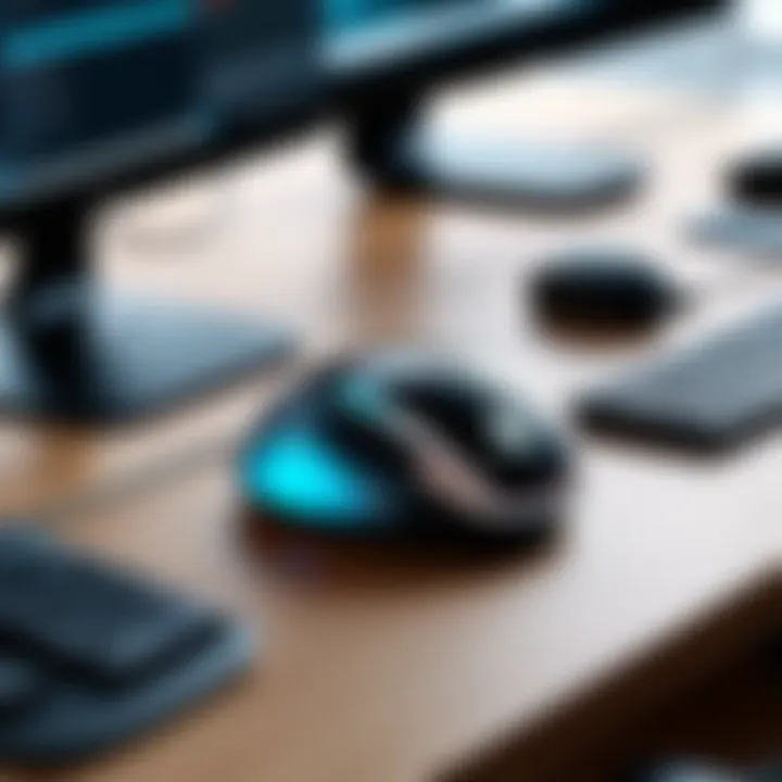 Professional workspace featuring a Logitech trackball among productivity tools