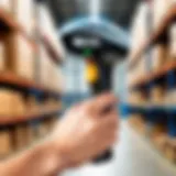 Advanced long range wireless barcode scanner in action within a warehouse.