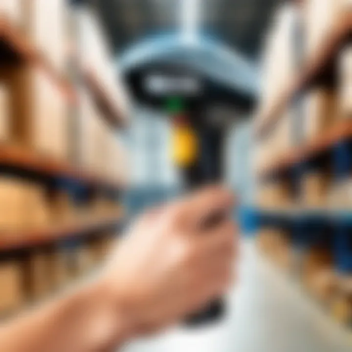 Advanced long range wireless barcode scanner in action within a warehouse.