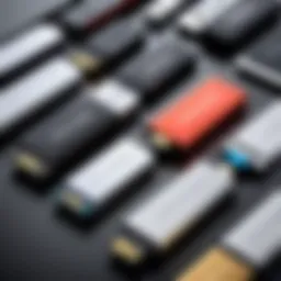 A close-up view of various SSD USB thumb drives showcasing their sleek designs and compact sizes.