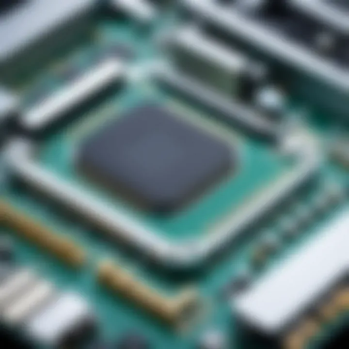 Close-up of a logic board's subcomponents and their arrangement.