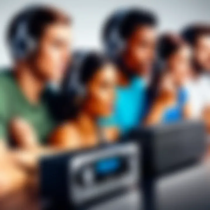 A diverse group of individuals enjoying music on their radios in different settings.