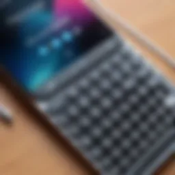Wired keyboard connected to an iPhone on a desk