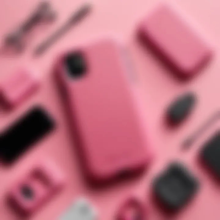 Pink OtterBox placed alongside other phone accessories