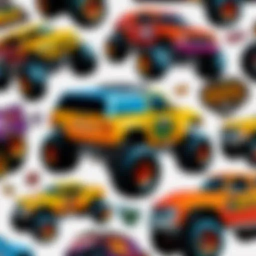 A collection of vibrant Monster Jam stickers showcased on a surface.