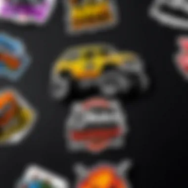 Different types of Monster Jam stickers laid out for display.