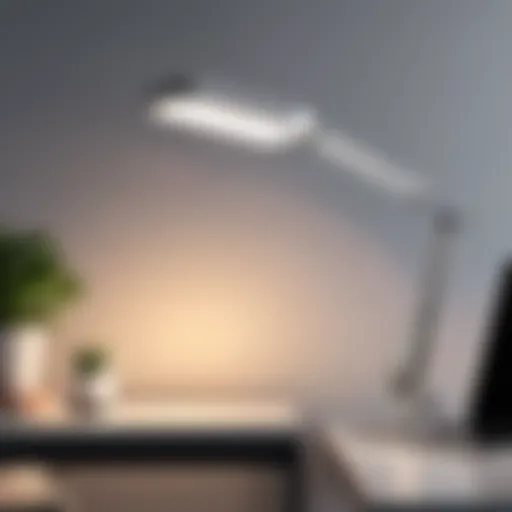 A sleek desk lamp with a flexible arm illuminating a modern workspace