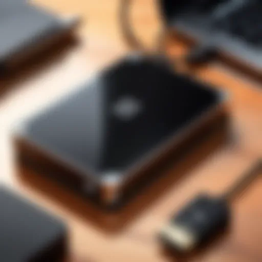 A sleek WD portable hard drive on a desk with a laptop