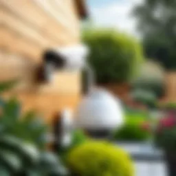 Wireless outdoor pan and tilt security camera showcased in a garden setting