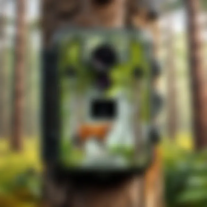 A modern game camera mounted on a tree capturing wildlife activity.