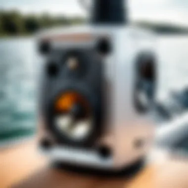 A stylish Kicker boat tower speaker mounted on a boat