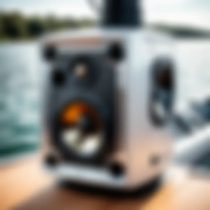 A stylish Kicker boat tower speaker mounted on a boat