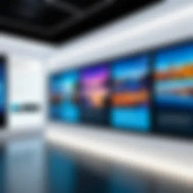 Artistic Display in Exhibition with Digital Frames A bright exhibition space featuring large digital wall frames displaying artistic content.