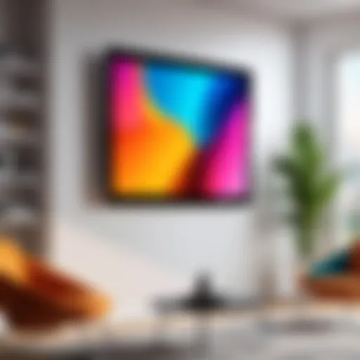 A modern digital wall frame displaying vibrant artwork in a contemporary living room.