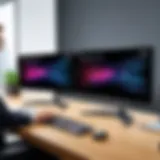 Dual screen setup showcasing LG double wide monitor in a professional environment