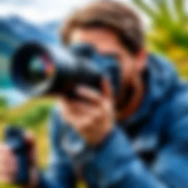 Photographer utilizing a power zoom lens in an outdoor setting