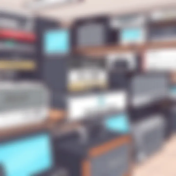 Diverse selection of refurbished amplifiers displayed in an audio store