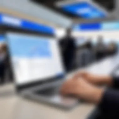 Traveler using Samsung ultra light laptop in a busy airport setting