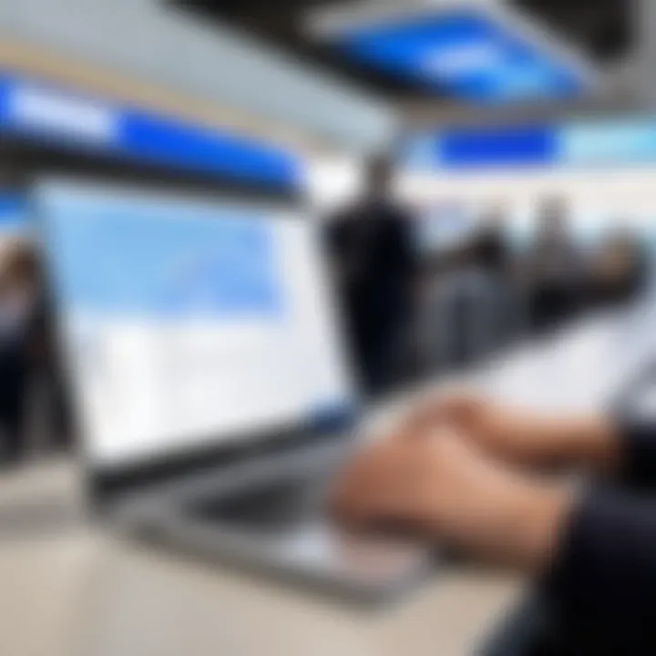 Traveler using Samsung ultra light laptop in a busy airport setting