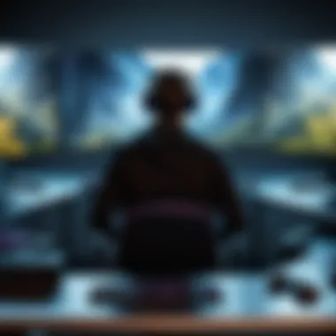 A gamer intensely focused on gameplay with multiple monitors