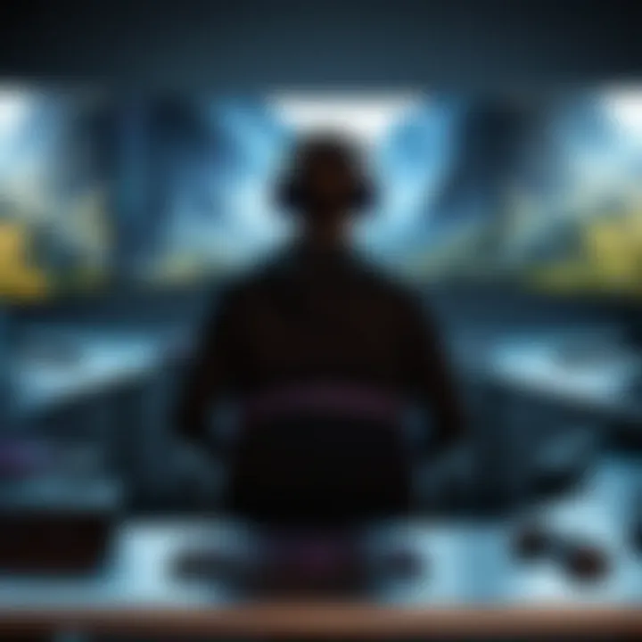A gamer intensely focused on gameplay with multiple monitors