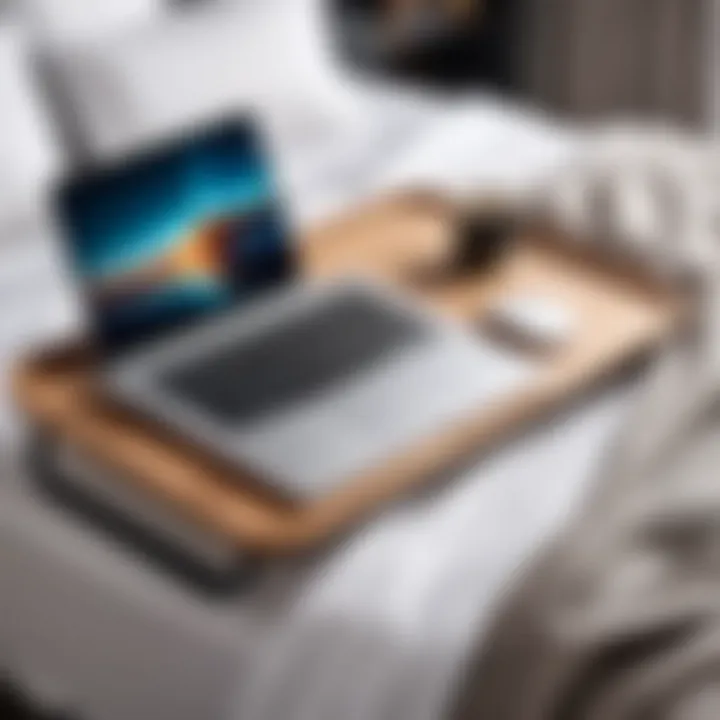 Ergonomic laptop tray design on a cozy bed