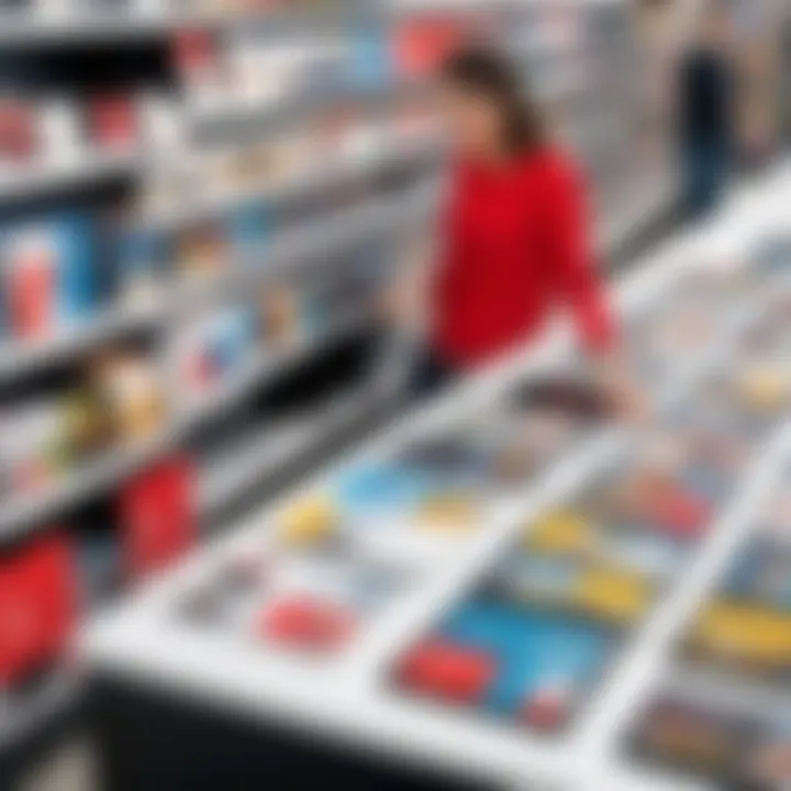 Consumer reviewing options for matte photo prints at a Staples store