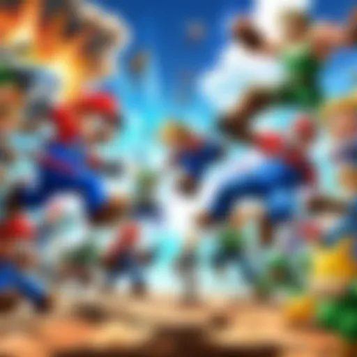 A dynamic battle scene showcasing characters from Super Smash Brothers on Switch