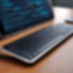 Close-up of a sleek Bluetooth keyboard paired with a tablet on a modern desk