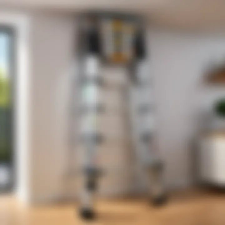An individual using a portable telescopic ladder in a home setting, illustrating practical application.