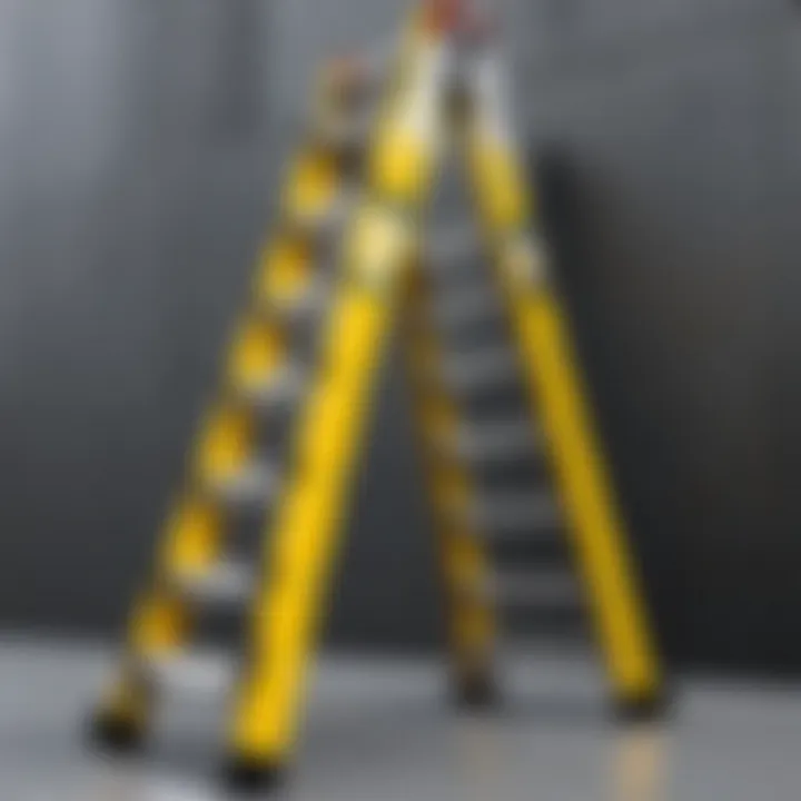 Detailed illustration of safety features on a portable telescopic ladder, highlighting stability and grip.
