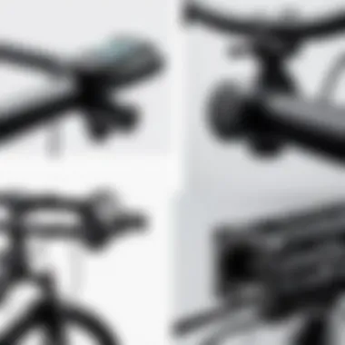Different types of speaker mounts displayed alongside various bicycle models.