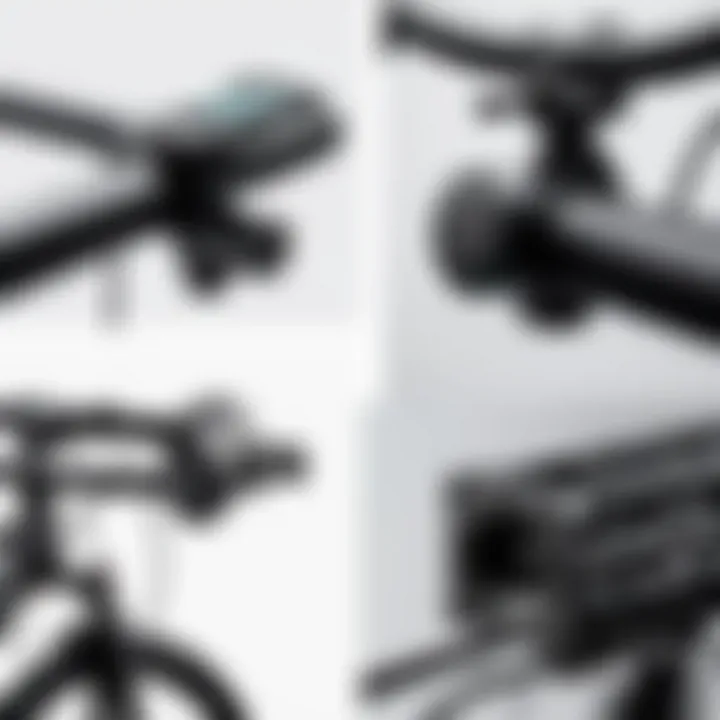 Different types of speaker mounts displayed alongside various bicycle models.