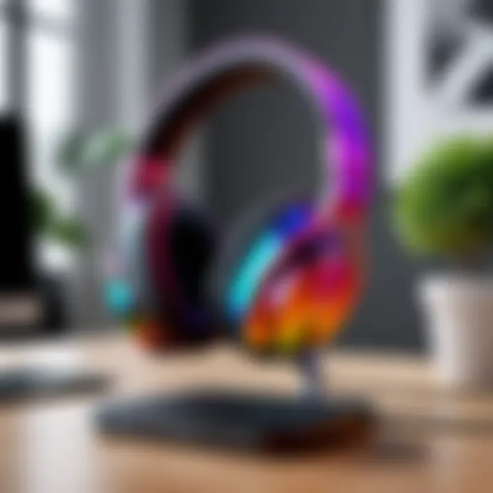 Colorful headphone stand adding flair to a workspace