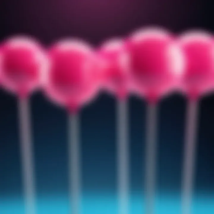 A colorful display of pinky balls on sticks in various sizes and designs.